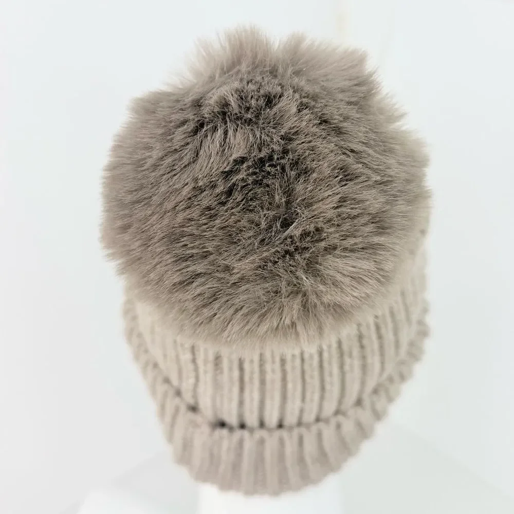 Norla Canada Taupe Alpaca Wool Fluffy Faux Fur Pompom Knit Beanie Hat